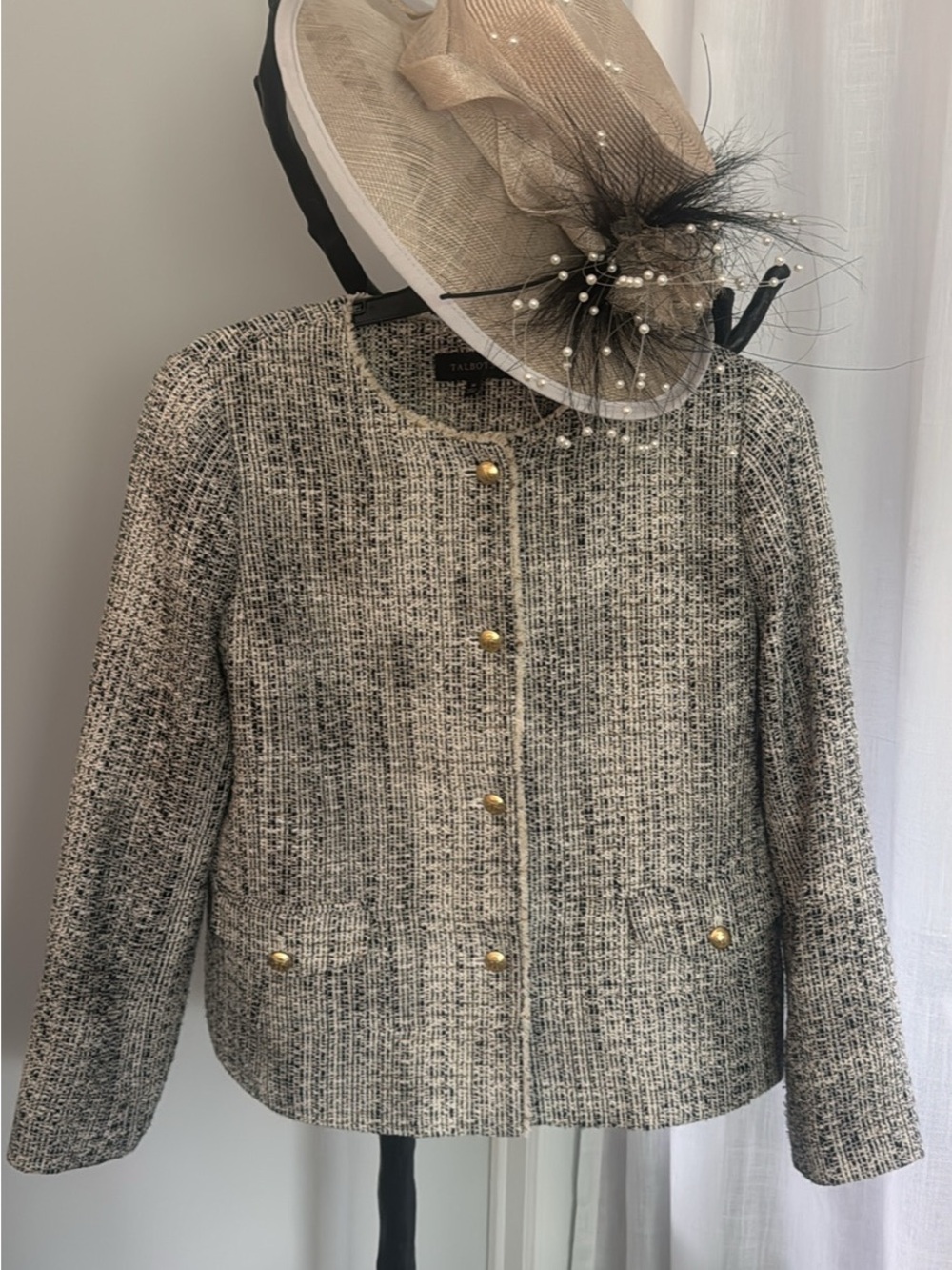 Talbots Black and White Tweed Collarless Jacket with Gold Buttons- gold, tan blk